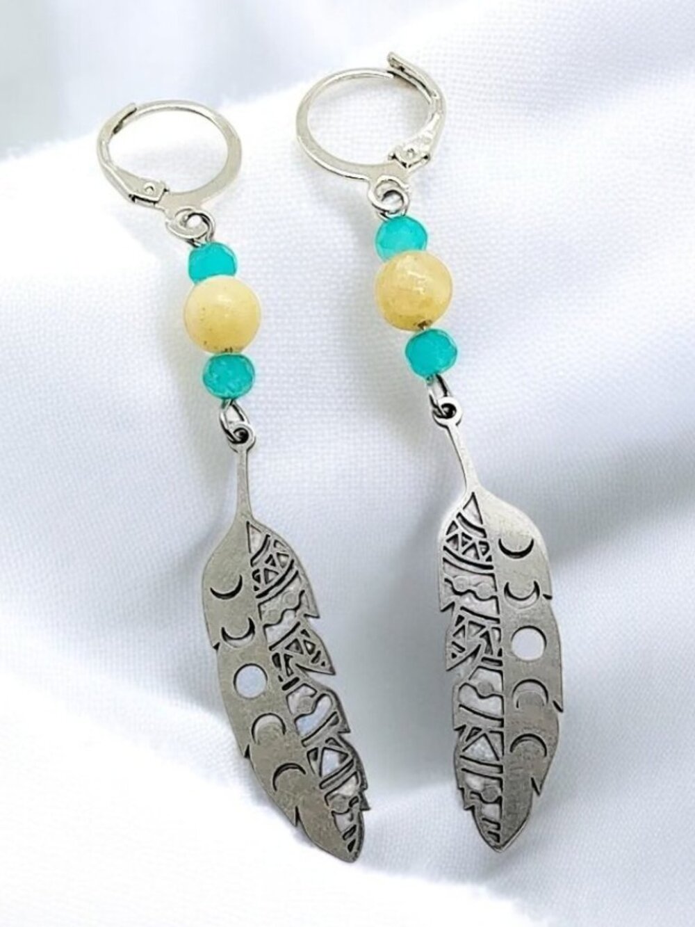 Handmade Boho Feather Gemstone Dangle Earrings Jewelry
